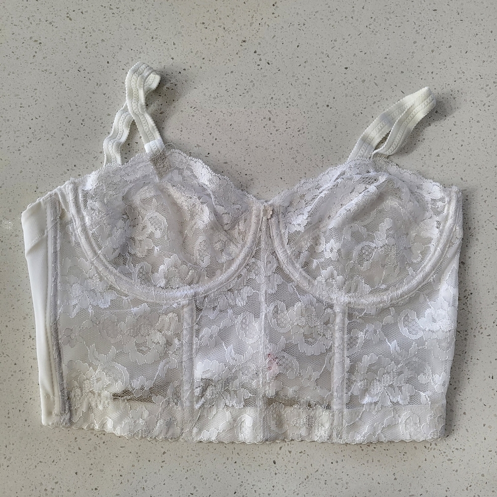 Vintage Longline Pinup Rockabily Lace Bra 36B White Bridal